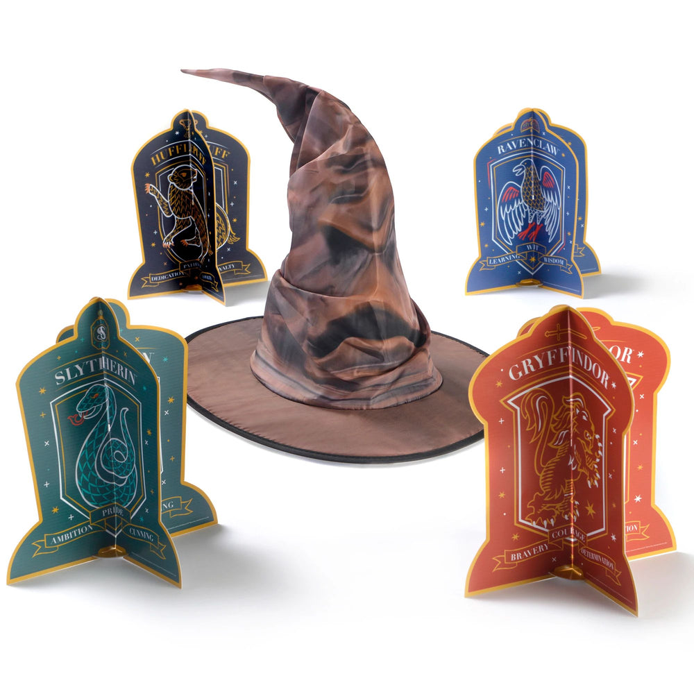 Wizarding hat with four house labels on a white background