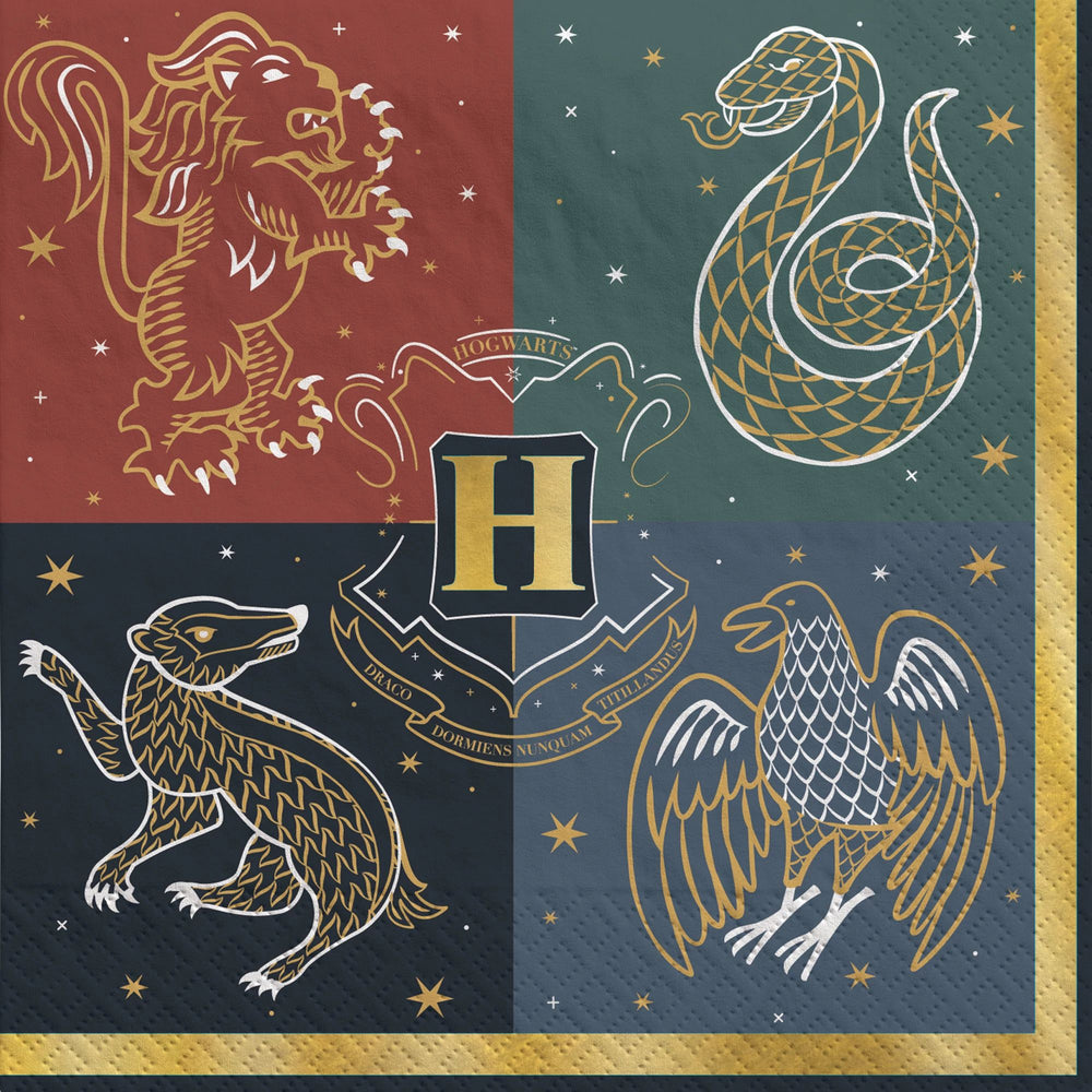 Set of Harry Potter-themed napkins with house crests and stars on a red, green, and blue background.