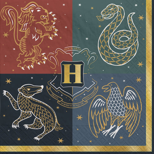 Set of Harry Potter-themed napkins with house crests and stars on a red, green, and blue background.