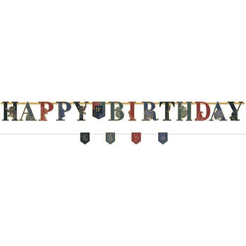 Colorful 'Happy Birthday' banner with decorative elements on a white background