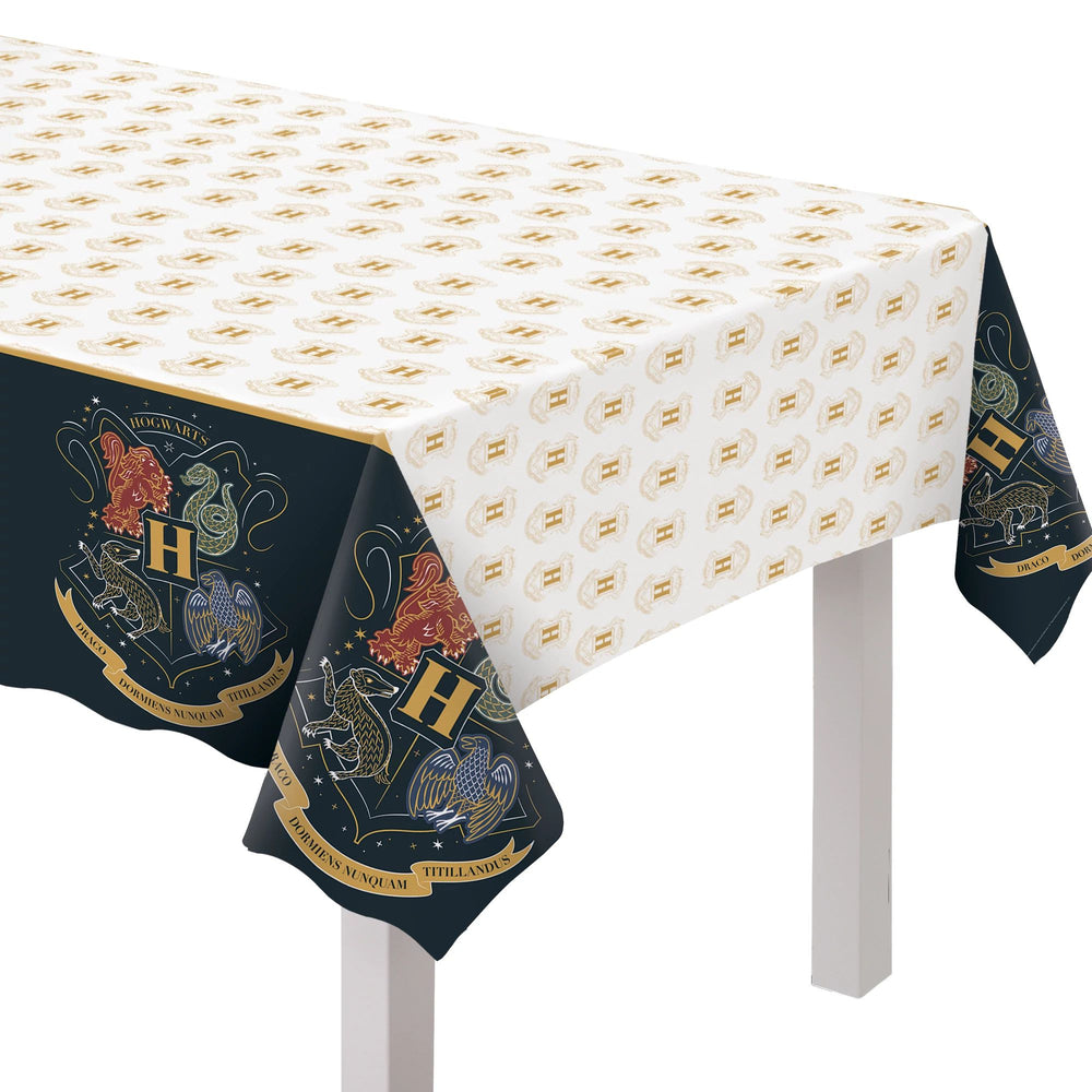 Tablecloth with Hogwarts crest design on a white background