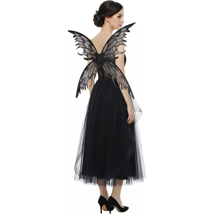 A woman modeling a black fairy costume dress from the back, featuring sheer black lace butterfly wings attached to a black tulle midi skirt, set against a plain white background.
