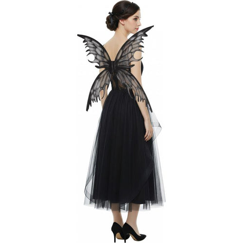 A woman modeling a black fairy costume dress from the back, featuring sheer black lace butterfly wings attached to a black tulle midi skirt, set against a plain white background.