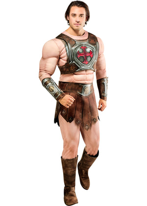 Person wearing a costume with armor and leather outfit on a white background
