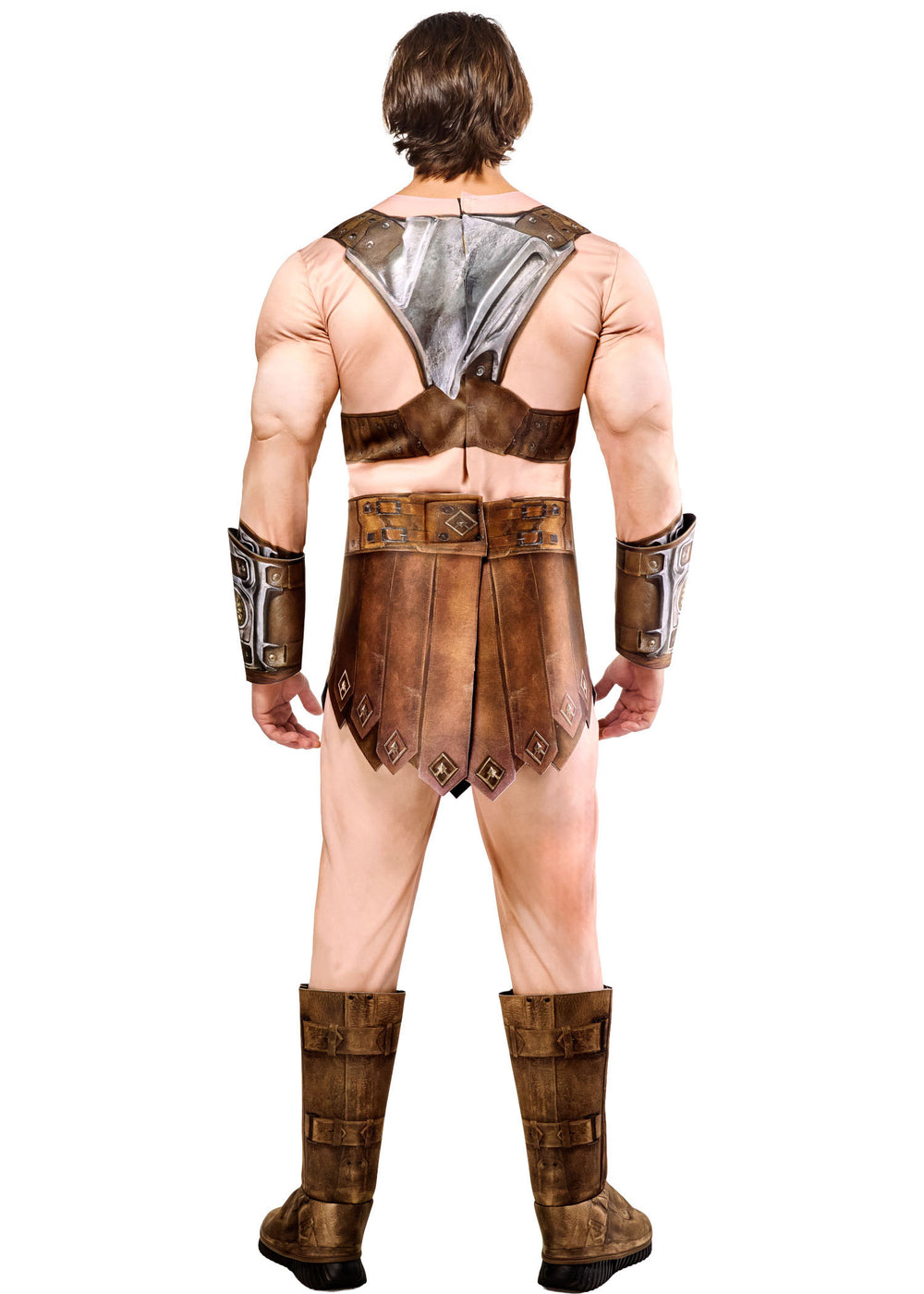 Person wearing a detailed warrior costume with armor and boots on a white background