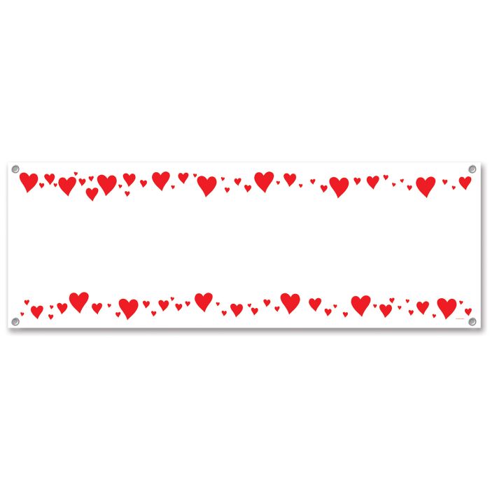 White banner with red heart pattern on a white background