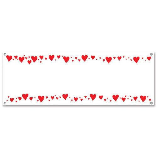 White banner with red heart pattern on a white background