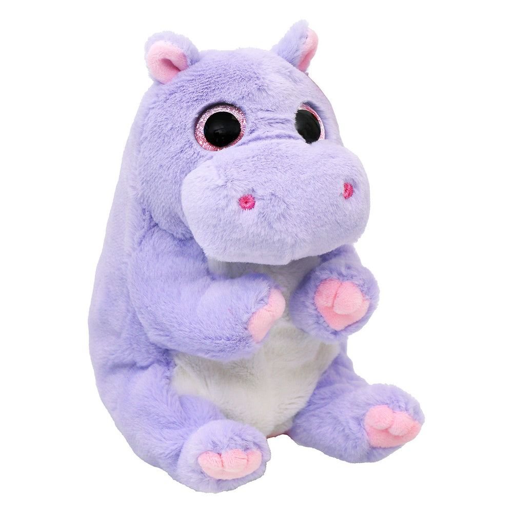 Purple plush hippo toy with pink accents on a white background