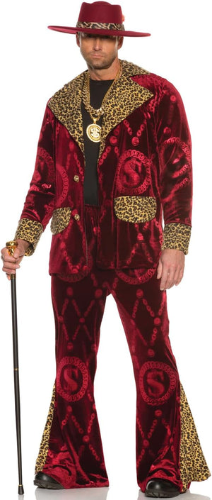 Man wearing a red and gold costume with a hat and cane on a white background
