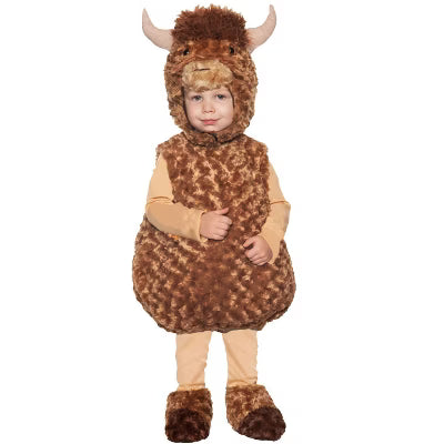 Child wearing a brown bison costume on a white background