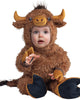 Child wearing a brown yak costume on a white background