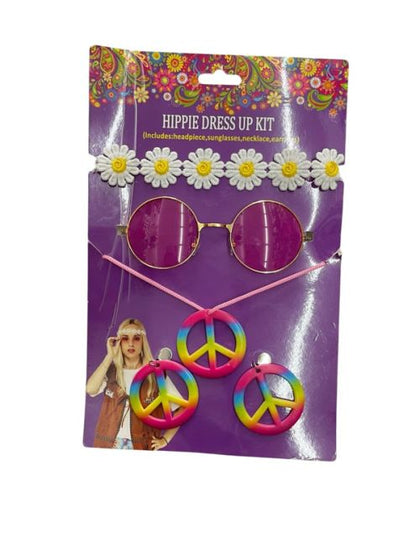 Hippie dress up kit with sunglasses, necklace, and earrings on a colorful packaging background.