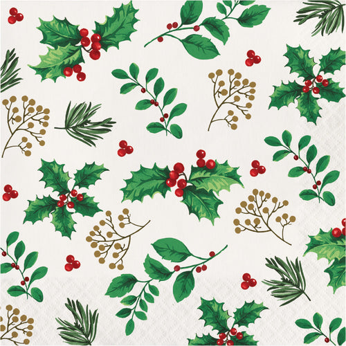 A close-up of a repeating holiday pattern featuring green holly leaves and red berries on a light cream background, with additional green pine needles and small gold-toned berry clusters.