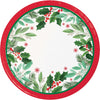 Decorative paper plate with Christmas-themed design featuring holly leaves and berries on a white background.