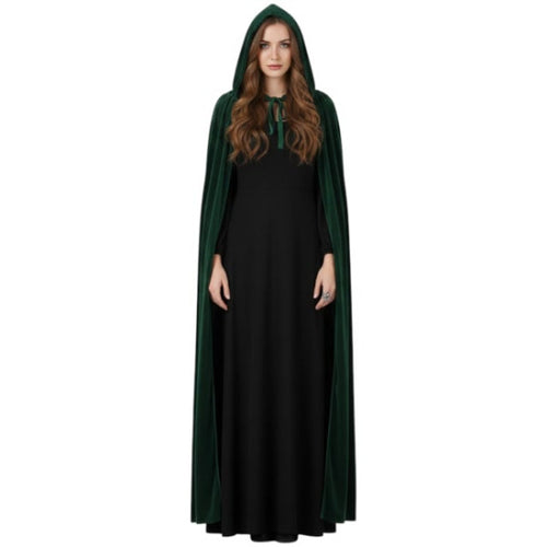 A woman modeling a long black dress with a dark green hooded cloak featuring a green collar, set against a plain white background.