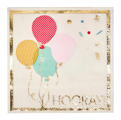 Card with colorful balloons and 'HOORAY!' text on a gold-framed background
