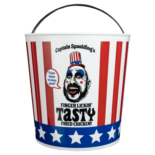 A novelty metal bucket with a black handle, featuring a patriotic red, white, and blue design with the text 'Captain Spaulding's Finger Lickin' Tasty Fried Chicken!' and a clown face illustration.