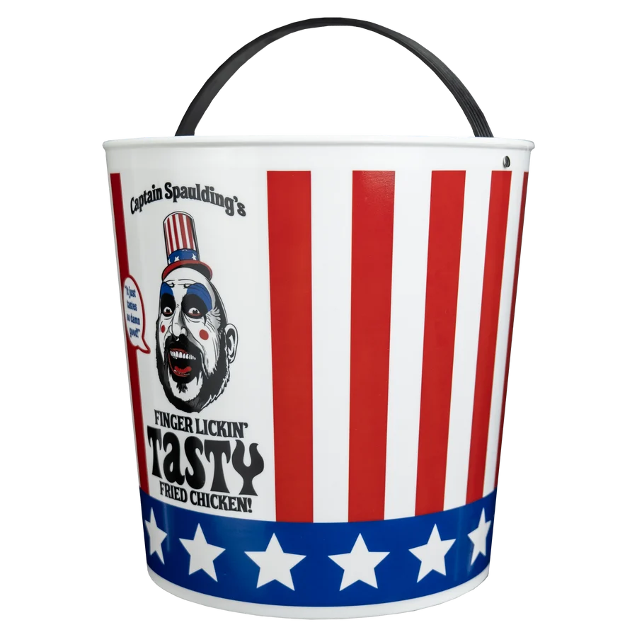 A novelty bucket with a black handle, featuring Captain Spawning's Tasty Fried Chicken branding with red and white vertical stripes, a blue band with white stars, and a cartoon chicken face.