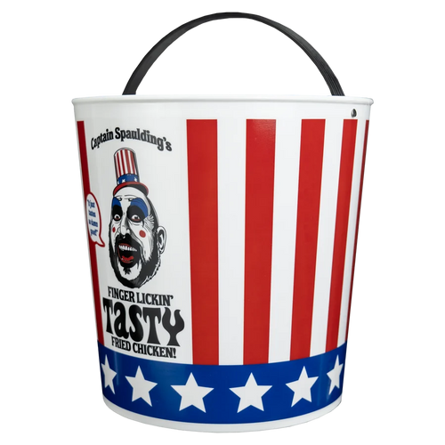A novelty bucket with a black handle, featuring Captain Spawning's Tasty Fried Chicken branding with red and white vertical stripes, a blue band with white stars, and a cartoon chicken face.