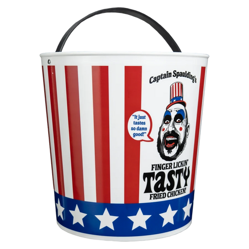 A novelty bucket with a black handle, featuring a red and white vertical stripe pattern, a blue band with white stars, and a printed graphic of Captain Spandling's Finger Lickin' Tasty Fried Chicken.