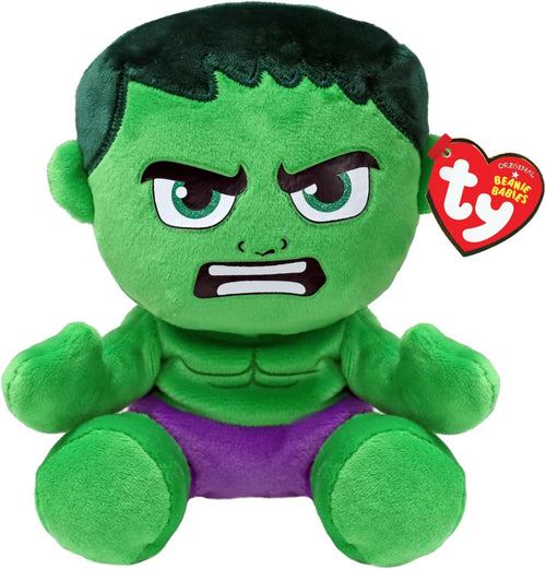 Green plush toy with black hair and purple shirt, featuring a Ty Beanie Babies tag.