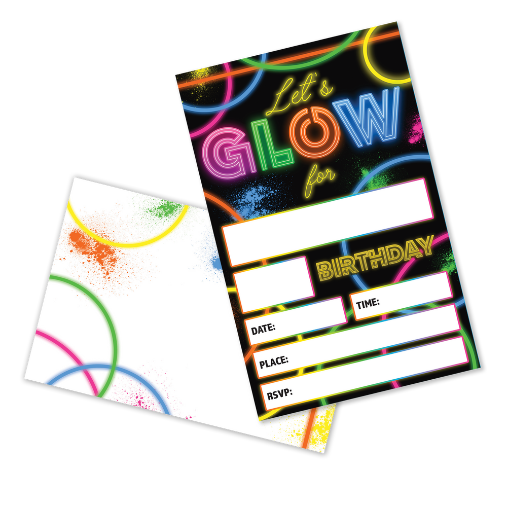 Neon-themed birthday invitation card with colorful text and design elements.