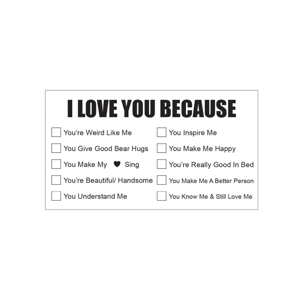 Sheet with 'I Love You Because' checkboxes on a white background
