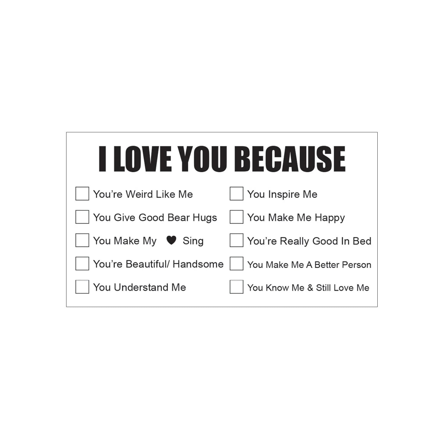 Sheet with 'I Love You Because' checkboxes on a white background