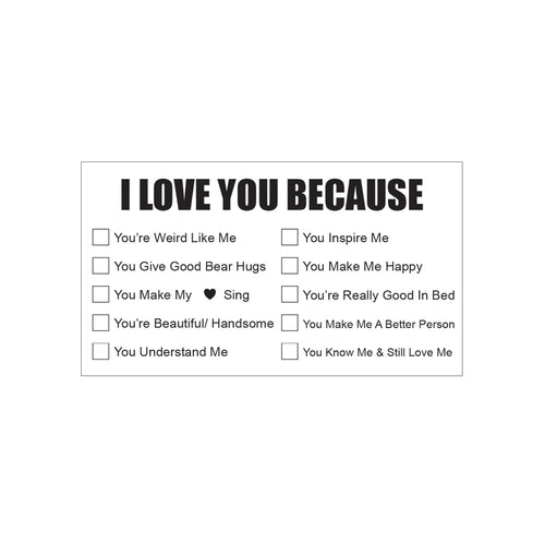 Sheet with 'I Love You Because' checkboxes on a white background