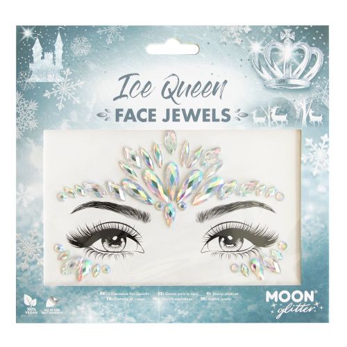 Packaging of Ice Queen face jewels with snowflake and castle designs on a blue background.