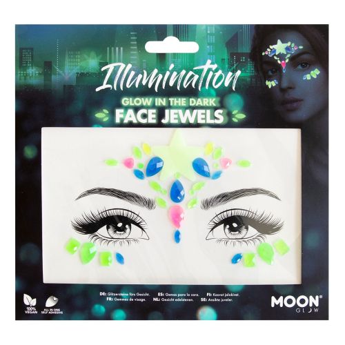 Packaging of 'Illumination Glow in the Dark Face Jewels' with a cityscape background and a model wearing the product.