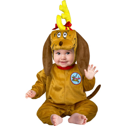 Baby in a brown dog costume with a hat on a white background