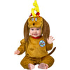 Baby in a brown dog costume with a hat on a white background