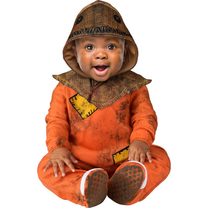 Baby in a cornhusk costume with an orange outfit and brown hat on a white background