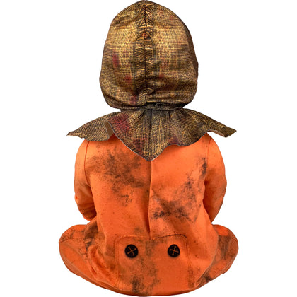 Scarecrow costume with orange body and brown hood on a white background