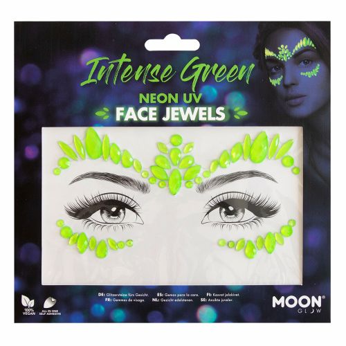 Packaging of intense green neon UV face jewels with a model wearing them.