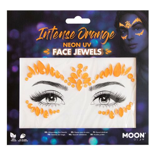Packaging of Moon Glow Intense Orange Neon UV Face Jewels with a model wearing the product.