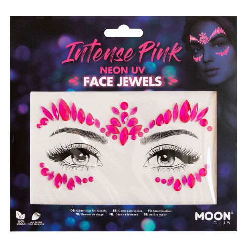 Packaging of Intense Pink Neon UV Face Jewels with a model wearing them.