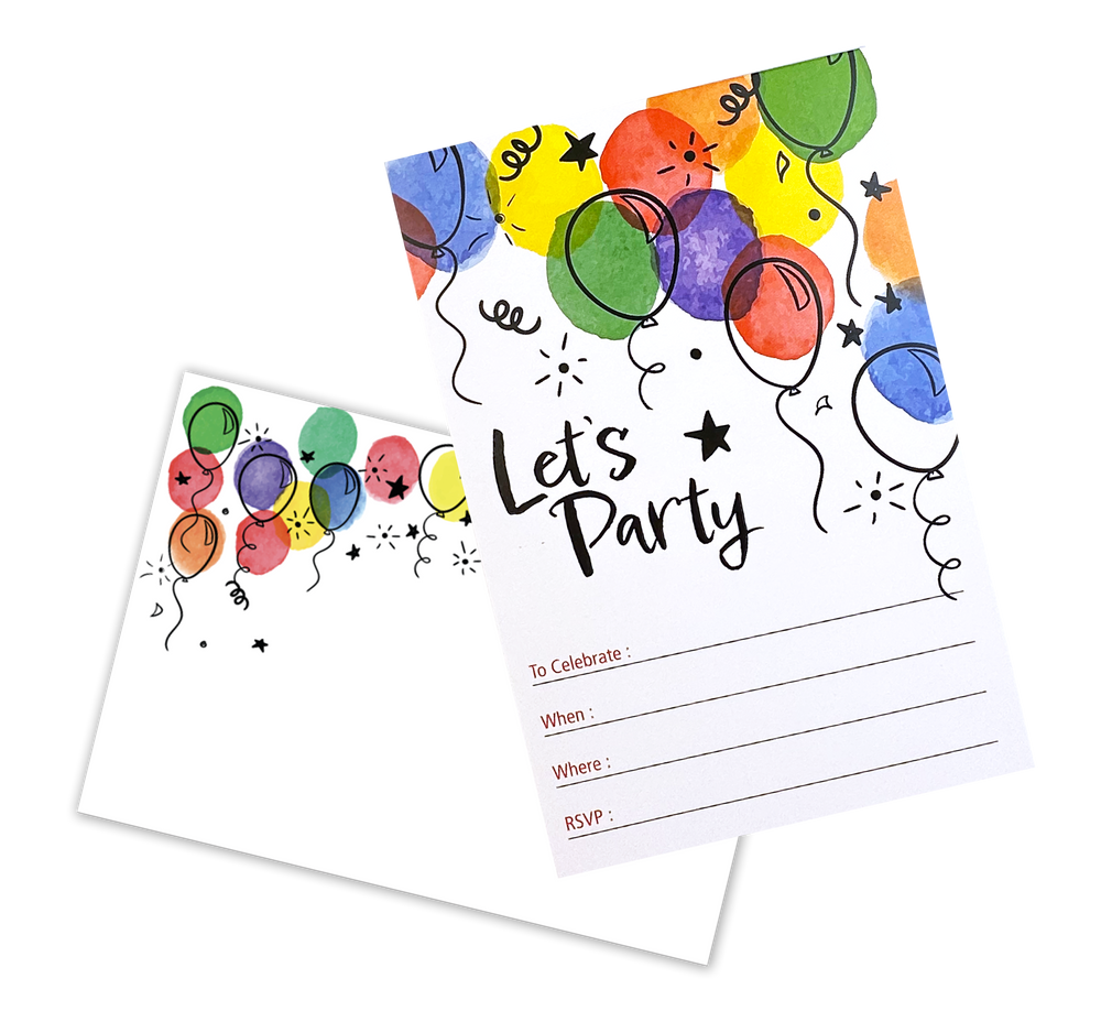 Two party invitations with colorful balloons and 'Let's Party' text on a white background.