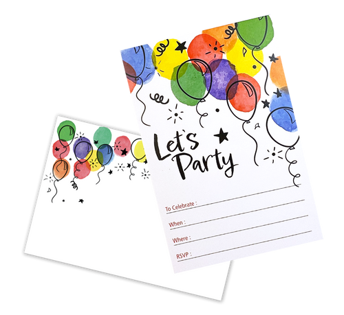 Two party invitations with colorful balloons and 'Let's Party' text on a white background.