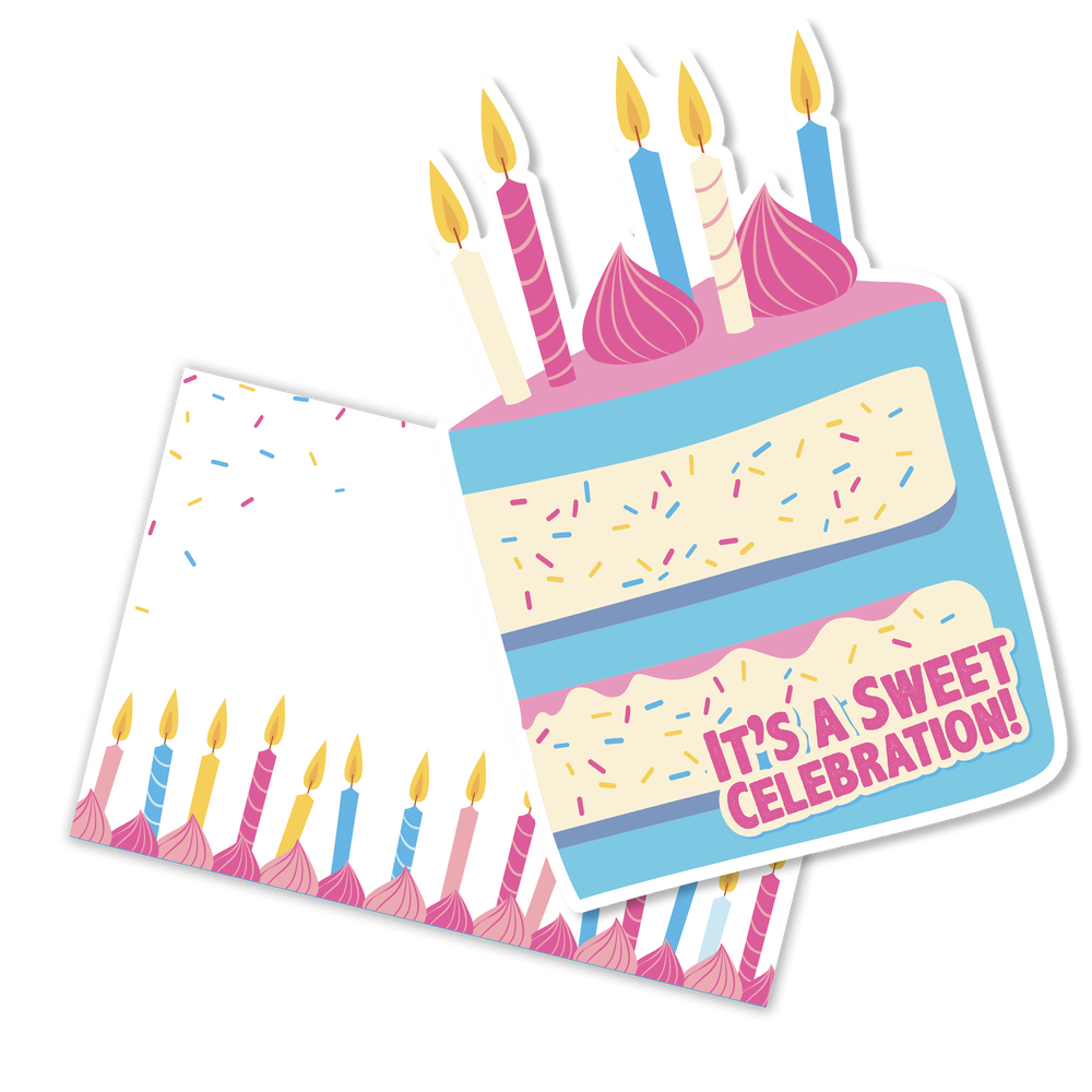 Sticker design of a birthday cake with candles and 'It's a Sweet Celebration!' text on a white background.
