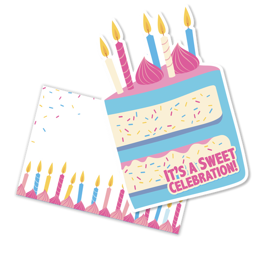 Sticker design of a birthday cake with candles and 'It's a Sweet Celebration!' text on a white background.