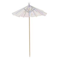 White patio umbrella with a wooden pole on a white background
