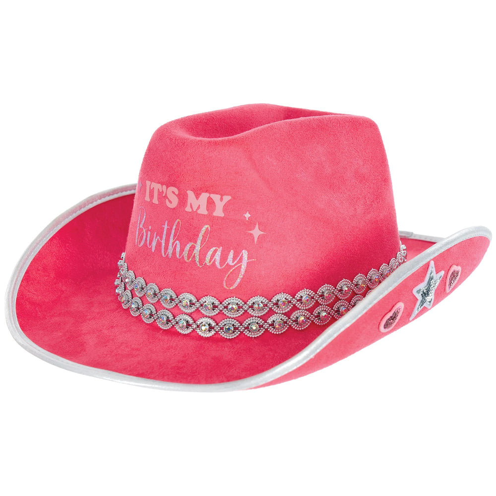 Pink cowboy hat with 'It's My Birthday' text and decorative elements on a white background