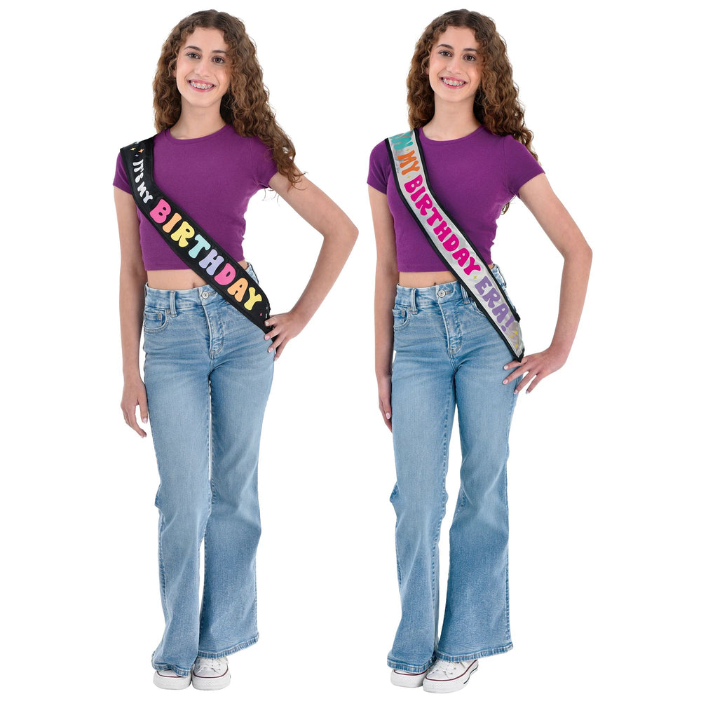 Two images of a person wearing a 'Happy Birthday' sash with different designs.