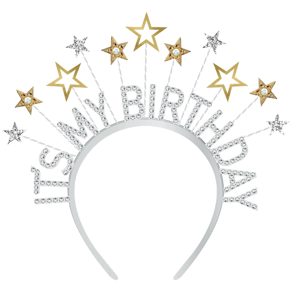 Silver headband with 'Happy Birthday' text and gold stars on a white background