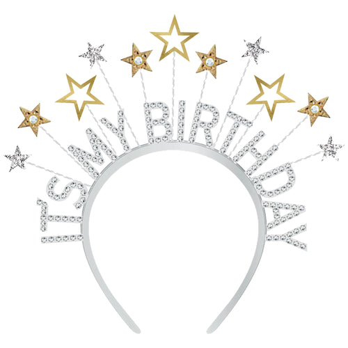 Silver headband with 'Happy Birthday' text and gold stars on a white background