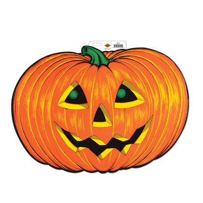 Stack of pumpkin-shaped cutouts with jack-o'-lantern face design on a white background