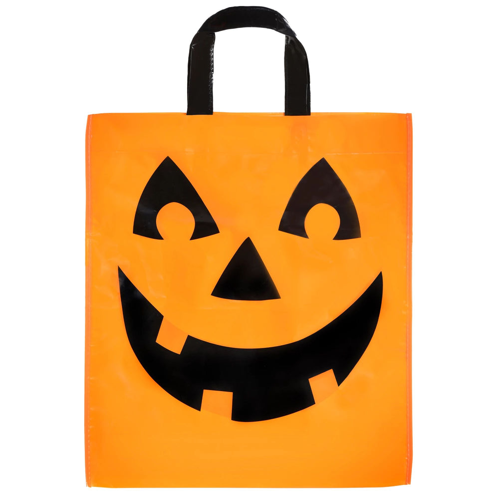 An orange plastic Halloween trick-or-treat bag with a black jack-o'-lantern face and black handles, shown against a plain white background.