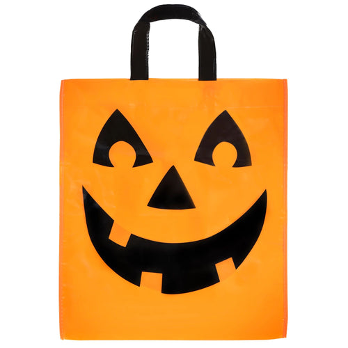 An orange plastic Halloween trick-or-treat bag with a black jack-o'-lantern face and black handles, shown against a plain white background.